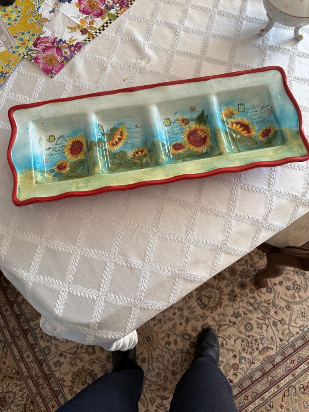 Sunflower Sectioned Serving Tray - Red Rim